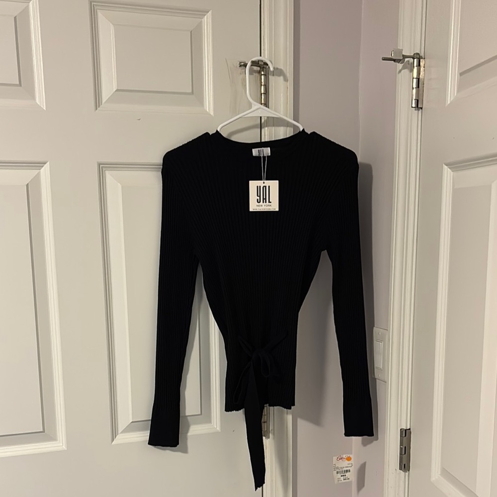 Black Ribbed Long Sleeve Tie Front Top